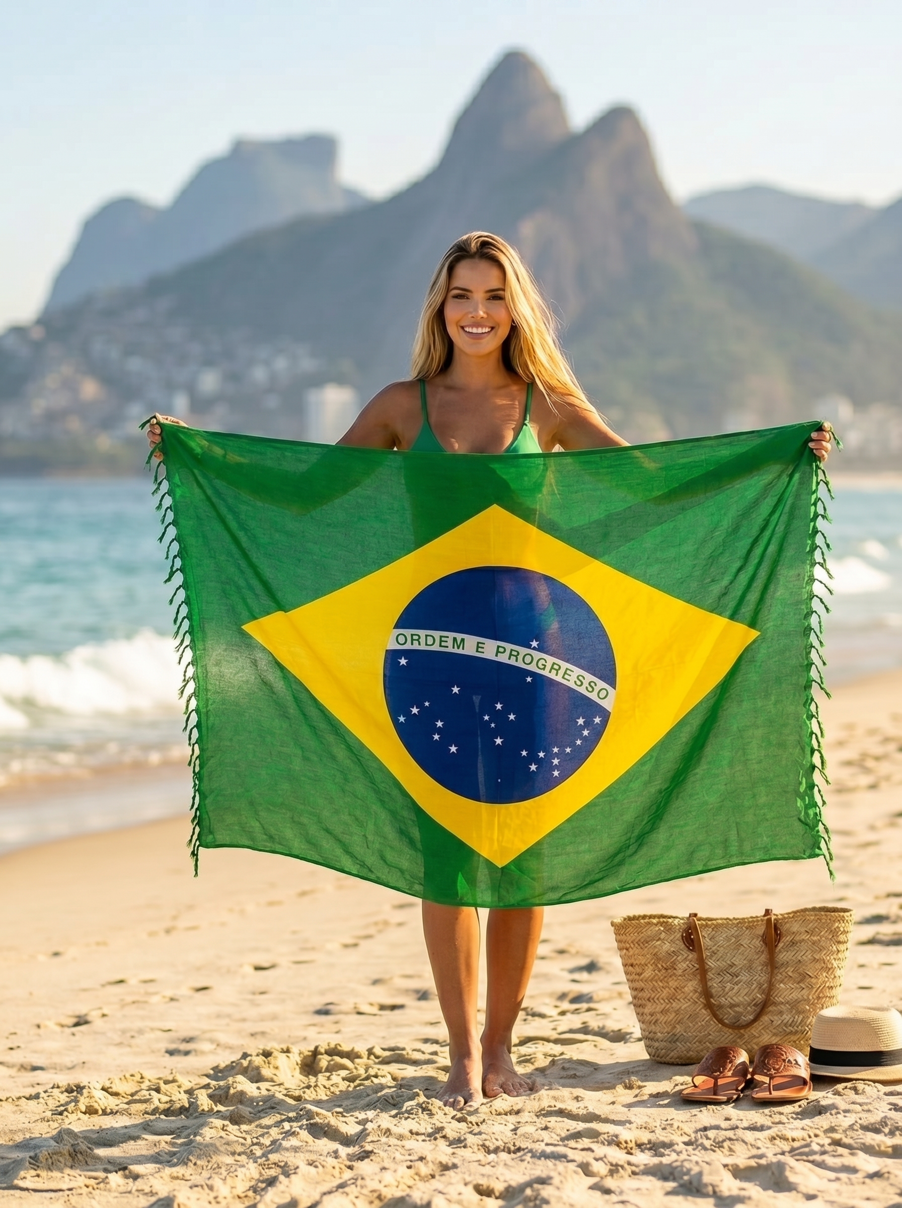 Authentic Brazilian canga used as a beach sarong at a Rio de Janeiro beach